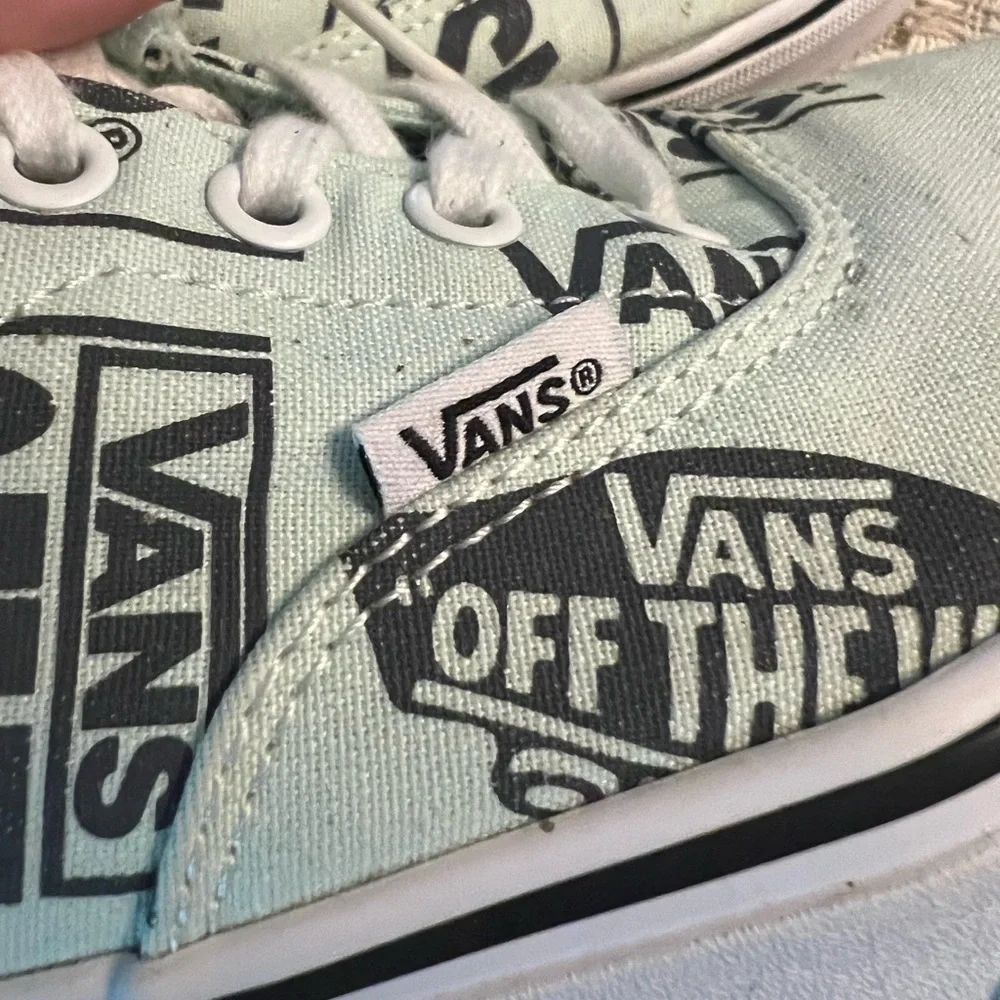 VANS Off the Wall Classic Low Top Logo Collage Sneakers Mint Green Black Wms 6.5